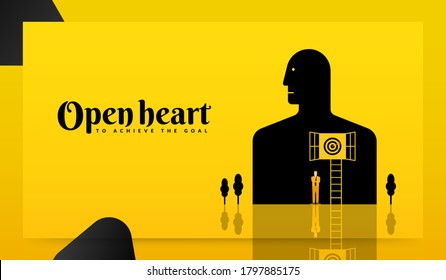 Human open heart to achieve to goal concept, businessman standing in front