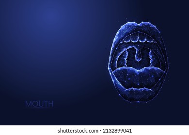 Human open mouth with teeth and tongue close-up futuristic polygonal style. The concept of dentistry and oral cavity treatment. Vector illustration.