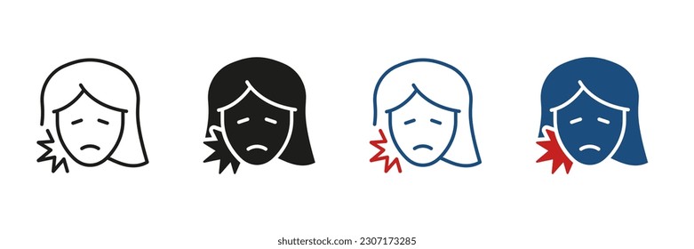 Human Oral Disease, Dentists Medical Treatment. Female Teeth Ache Silhouette and Line Icon Set. Toothache Symbol. Woman with Dental Pain Pictogram Collection. Isolated Vector Illustration.