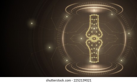 Human Organ Bone and Joint Articular Skeletal System Medical Futuristic Medical Hologram Neon Glow Low Polygonal Triangulated Line Dot Connection Geometric Grid Brown Background Infographic