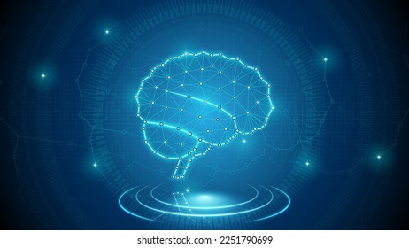 Vista lateral del cerebro del órgano humano Sistema nervioso central Sustitución de la parte cibernetica médica Holograma digital neuronal resplandor neón Futurista Triangulado Polígono bajo fondo polaco