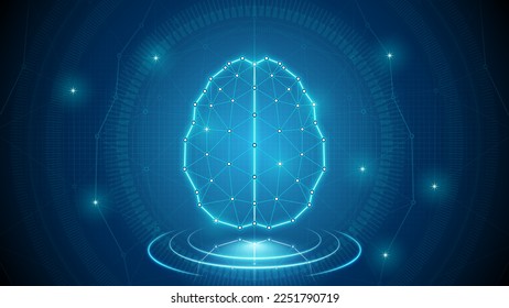 Visión superior del cerebro del órgano humano Sistema nervioso central Sustitución de la parte cibernetica médica del trasplante Holograma digital neuronal resplandor neón Futurista Triangulado Polígono bajo fondo polaco