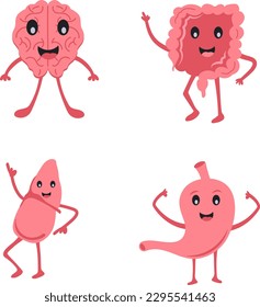 Human Organ Cartoon Character Set Of Brain, Digestive System, Liver and Stomach