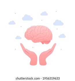 Human organ collection. Vector flat modern anatomical icon color illustration. Human hands hold brain isolated on sky white background. Health care neurology and mind medical sign. Design element.