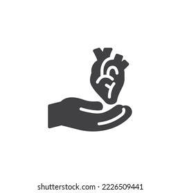 Human organ donation vector icon. filled flat sign for mobile concept and web design. Hand and heart glyph icon. Symbol, logo illustration. Vector graphics