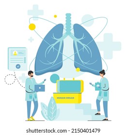 Human Organ Donor Vector. Lung Transplant Donation. Medical Infographic. Doctor And Nurse Examining Patient Card. Medicine And Transplantology Concept