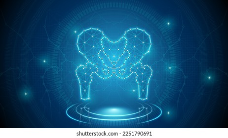 Humano Hip Hueso Humano y Conjunto Sistema Esquelético Articular Medicina Pieza Cibernetica Sustitución de Trasplante Neural Holograma Digital Neon Glow Futurista Triangulamiento Polígono Bajo Fondo Polvo