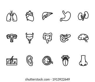 Human Organ Icon Set With Lungs, Heart, Liver, Stomach, Vagina, Brain, Ear, Eye, Tongue, Nose Icon