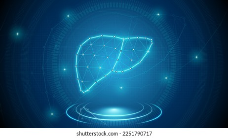 Hígado de órganos humanos Digestivo, Sistema Hepático Médico Pieza Cibernetica Sustitución de Trasplante Neural Holograma Digital Neon Glow Futurista Triangulada Polígono Bajo Fondo de Polo