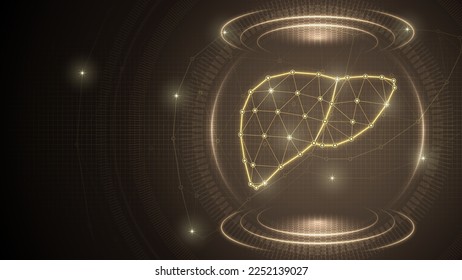 Human Organ Liver Digestive, Hepatic System Medical Futuristic Medical Hologram Neon Glow Low Polygonal Triangulated Line Dot Connection Geometric Grid Brown Background Infographic Template