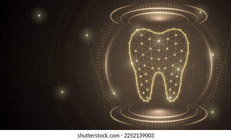 Human Organ Molar Tooth, Dental Care, Orthodontic, Dentistry, Digestive, Skeletal System Medical Futuristic Medical Hologram Neon Glow Low-Poly Triangle Line Dot Geometric Grid Dark Brown Background