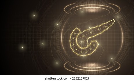 Human Organ Pancreas Endocrine, Digestive System Medical Futuristic Medical Hologram Neon Glow Low Polygonal Triangulated Line Dot Connection Geometric Grid Brown Background Infographic Template