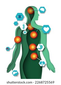 Icono vectorial de problemas de órganos humanos. Silhouette de persona en estilo de corte de papel. Anatomía y colocación de internos. Concepto de medicina, atención de la salud y tratamiento