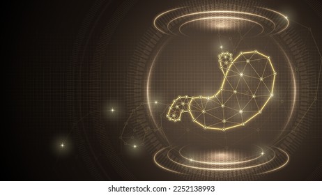 Human Organ Stomach Digestive System Medical Futuristic Medical Hologram Neon Glow Low Polygonal Triangulated Line Dot Connection Geometric Grid Brown Background Infographic Template