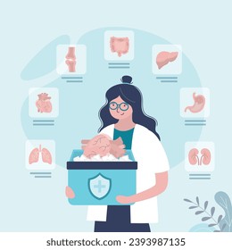 Human organ for transplant, donor infographic vector illustration. Clinic, organ donor search. Doctor holds box with human organs in ice. Woman nurse in uniform and set of medical icons. Closeup view.