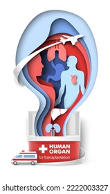 Cartel vectorial 3d para órgano humano para trasplante. Cartel médico de donación y caridad. Día nacional mundial del trasplante, salvando vidas e ilustraciones de atención de salud