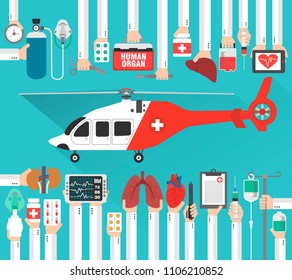 Human organ transplatation  flat design with helicopter.Vector illustration