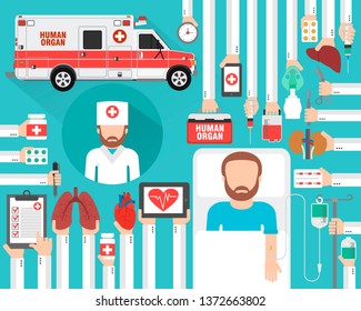 Projeto plano de transplante de órgãos humanos com médico, paciente e carro médico de órgão humano.Ilustração vetor