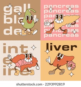 Human organs banners Set of liver, intentine, gallbladder, pancreasin in trendy retro cartoon style. Square cards with text, organism parts. Elements with internal organs of digestive system. Vector
