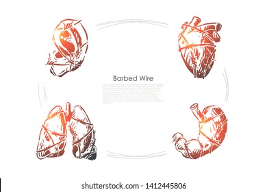 Human organs with barbed wire, ear, heart, lungs and stomach, heartache, stomachache, health care banner