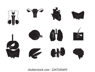Die menschlichen Organe schwarze Symbole mit weißen Details. Bearbeitbarer Satz von stylischen medizinischen Logos, Zeichen.