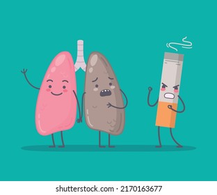 Human organs characters cartoon composition with healthy and unhealthy lung with scary cigarette on solid background vector illustration