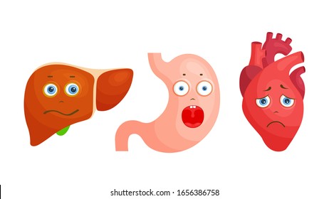 Human organs characters. Sad and frightened heart, liver and stomach. Vector illustration in cartoon style. Stickers to promote a healthy lifestyle.