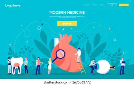 Human organs concept flyear, web banner, ui header, enter site. People character with items around Heart concept background. Layout modern slider page. Grain texture, noise effect