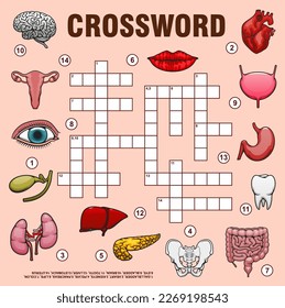 Human organs, crossword grid or find word quiz game, vector worksheet. Medical crossword to guess words of body anatomy organs, parts and bones, heart and lungs, eye and lips, spine and tooth