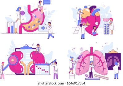 Human organs deseases, sick people heart, lungs, kidney and stomach anatomy vector illustration set. Medical treatment and medicine for deseased internal body organs, doctors medics tiny people.