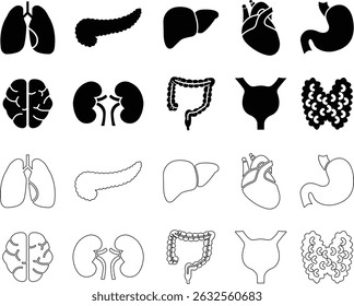 Vector de los órganos para los App, símbolo del símbolo del Web corazón, hígado, estómago, riñón, urinario, globo ocular, pulmón, pictograma de la neurona para la anatomía humana