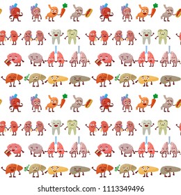 Human organs healthy and unhealthy anatomic funny cartoon character pairs seamless pattern background vector.