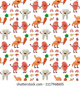 Human organs healthy and unhealthy anatomic funny cartoon character pairs seamless pattern background vector.