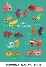 Human organs, heart, lungs, kidneys, liver, brains, stomach, intestines, healthy and sick internal organs set. Funny illustration art.