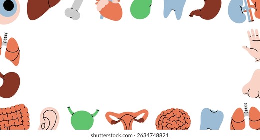 Human organs horizontal outline banner. Heart, kidneys, gallbladder, tooth, brain, lungs, stomach, liver, eye, hand, nose, bone, ear, bladder.