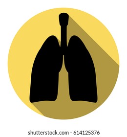 Human organs Lungs sign. Vector. Flat black icon with flat shadow on royal yellow circle with white background. Isolated.