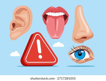 Órganos humanos. Nariz, oído, ojo, boca y lengua con signo de exclamación. Días críticos. Revisando al paciente. Anatomía. Lista de comprobación de la salud de los órganos. Ilustración plana de Vector.