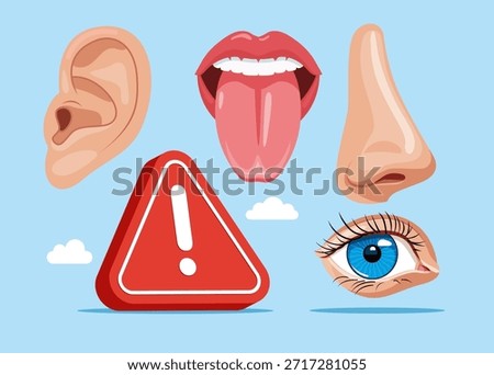Human organs. Nose, ear, eye, mouth and tongue with exclamation attention sign. Critical days. Checking patient. Anatomy. Medical health checklist organs. Vector flat illustration.