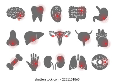 Dolor de órganos humanos. Cerebro, dientes, oreja, intestinos, estómago, nariz, hígado, vejiga, corazón, hueso, mano, riñones, pulmón, íconos del globo ocular. Dolor de cuerpo diferente