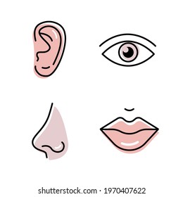 Human organs set. Ear Eye Nose Mouth symbols. Sense Icons thin line. Flat style color vector isolated on white background