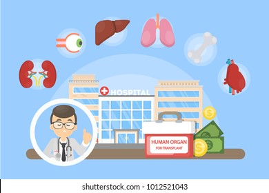 Human Organs For Transplant. Cooler Box, Contract And Money.