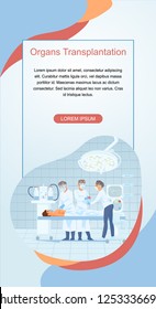 Human Organs Transplantation Cartoon Vector Vertical Web Banner. Nursery Assisting Surgeons Replacing Heart to Patient Lying on Operational Desk Illustration. Cardiology Clinic Landing Page Template