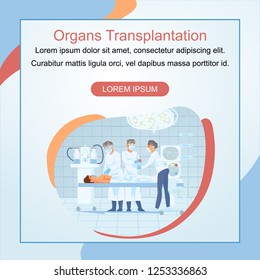 Human Organs Transplantation Cartoon Vector Square Web Banner. Nursery Assisting Surgeons Removing, Replacing Heart to Patient Lying on Operational Desk Illustration. Cardiology Clinic Landing Page