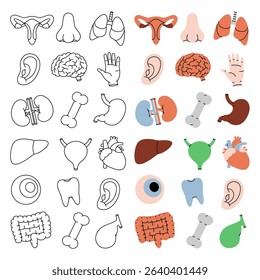 Human organs in vertical banner. Heart, kidneys, gallbladder, intestines, tooth, brain, lungs, stomach, liver, eye, hand, nose, bone, ear, bladder