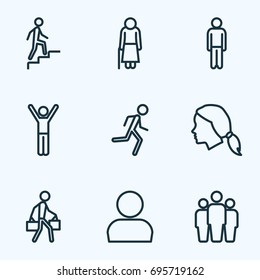 Human Outline Icons Set. Collection Of Team, Head, Woman And Other Elements. Also Includes Symbols Such As Run, Personal, Pulling.