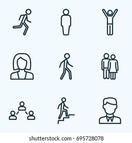 Human Outline Icons Set. Collection Of Worker, Couple, Business And Other Elements. Also Includes Symbols Such As Lover, Stairs, Walking.