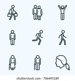 Human Outline Icons Set. Collection Of Man, Rejoicing, Jogging And Other Elements. Also Includes Symbols Such As Old, Running, Graybeard.