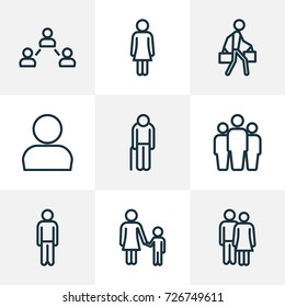 Human Outline Icons Set. Collection Of Couple, Pulling, Female And Other Elements. Also Includes Symbols Such As Oldster, Group, Child.