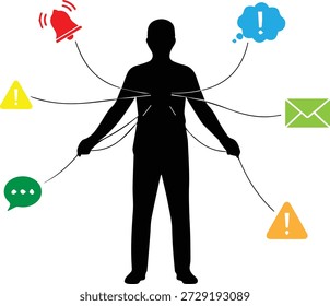 Humano sobrecargado con notificaciones y alertas digitales Ilustración de silueta