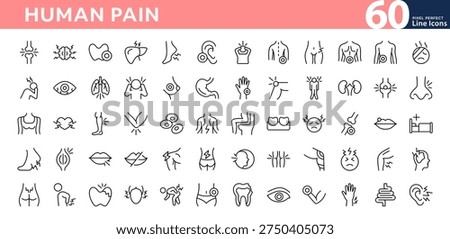 Human pain line icon set. Body ache, head, hand, leg, abdomen, chest, hand, toes, sickness, illness, injury, infection, symptom outline icons. Editable vector stroke